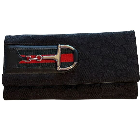Gucci GG Canvas Horsebit Continental Wallet Black W/ Web Stripe Silver Hardware - Picture 1 of 14
